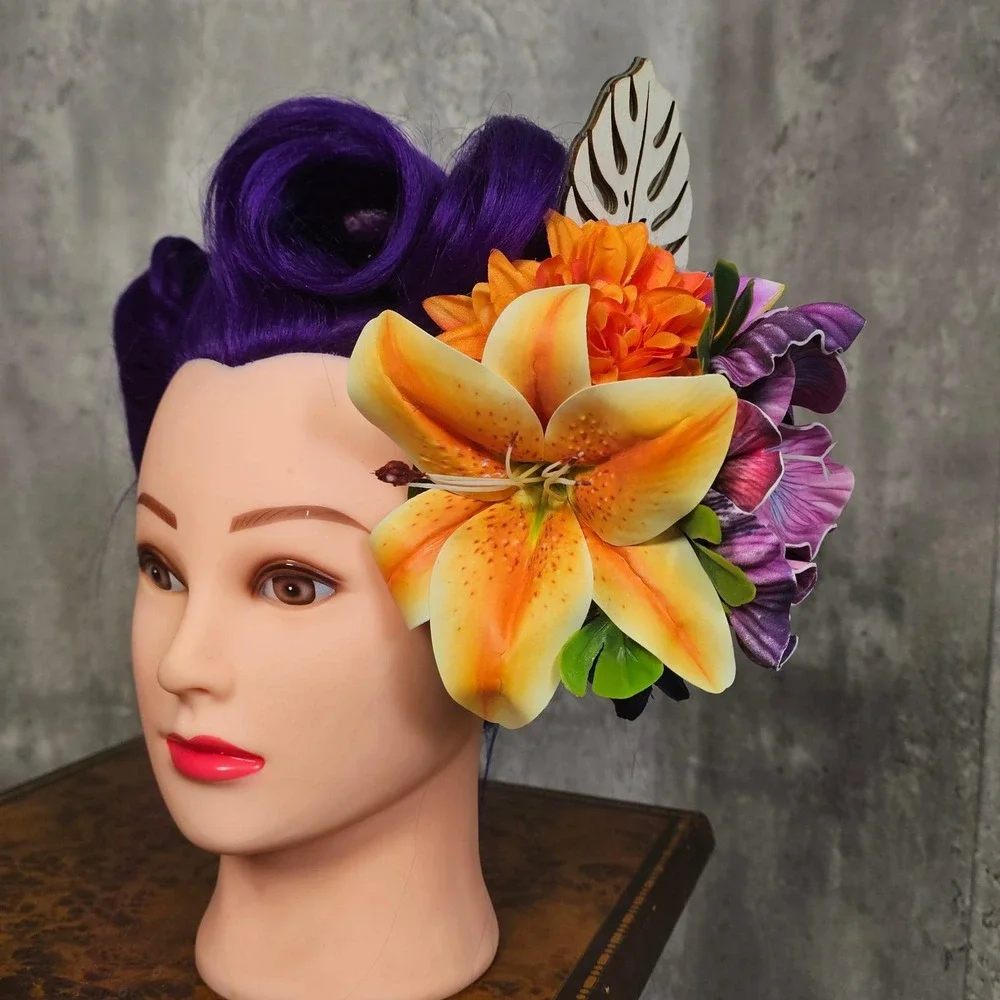 Handmade Tropical Floral Hair Clip Fascinator‎ Orchid Lily Tiki Burlesque